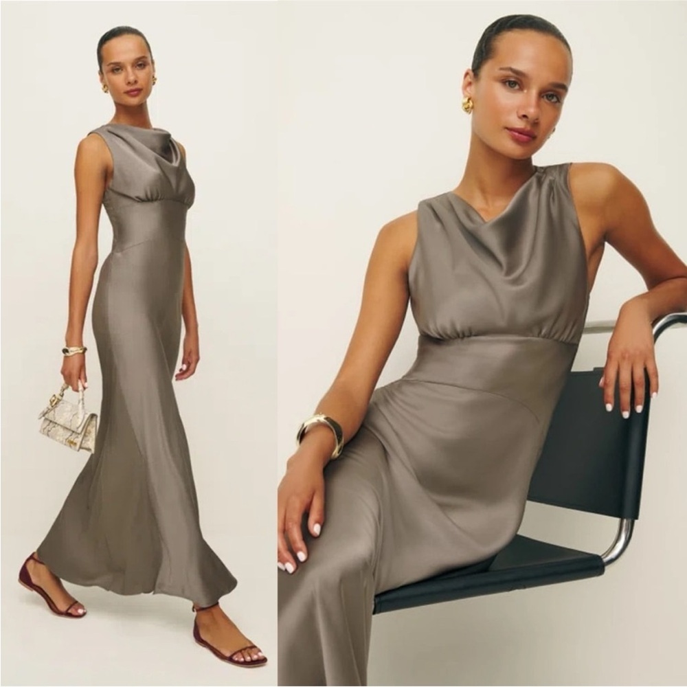 NWT Reformation Dessa Satin Maxi Slip Cowl Bias Neck Dress in Taupe size 10